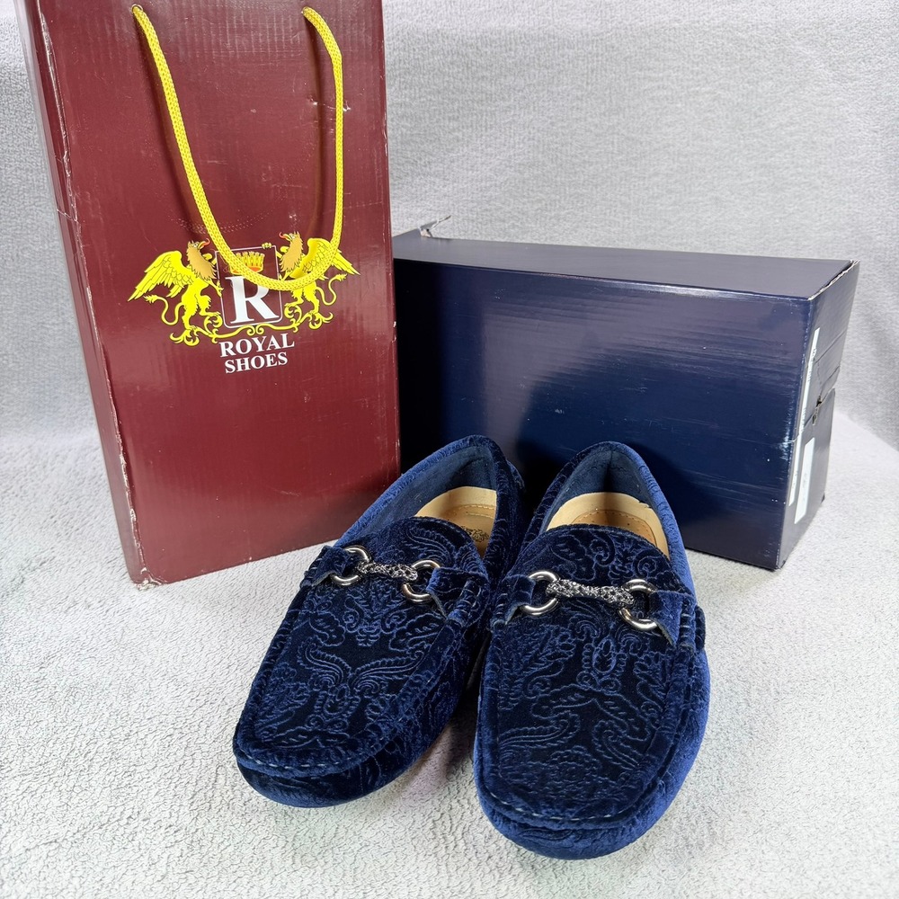 Royal Shoes Mens 8 Navy Blue Velvet Paisley Bit Driving Loafers MOC-107 Slip On